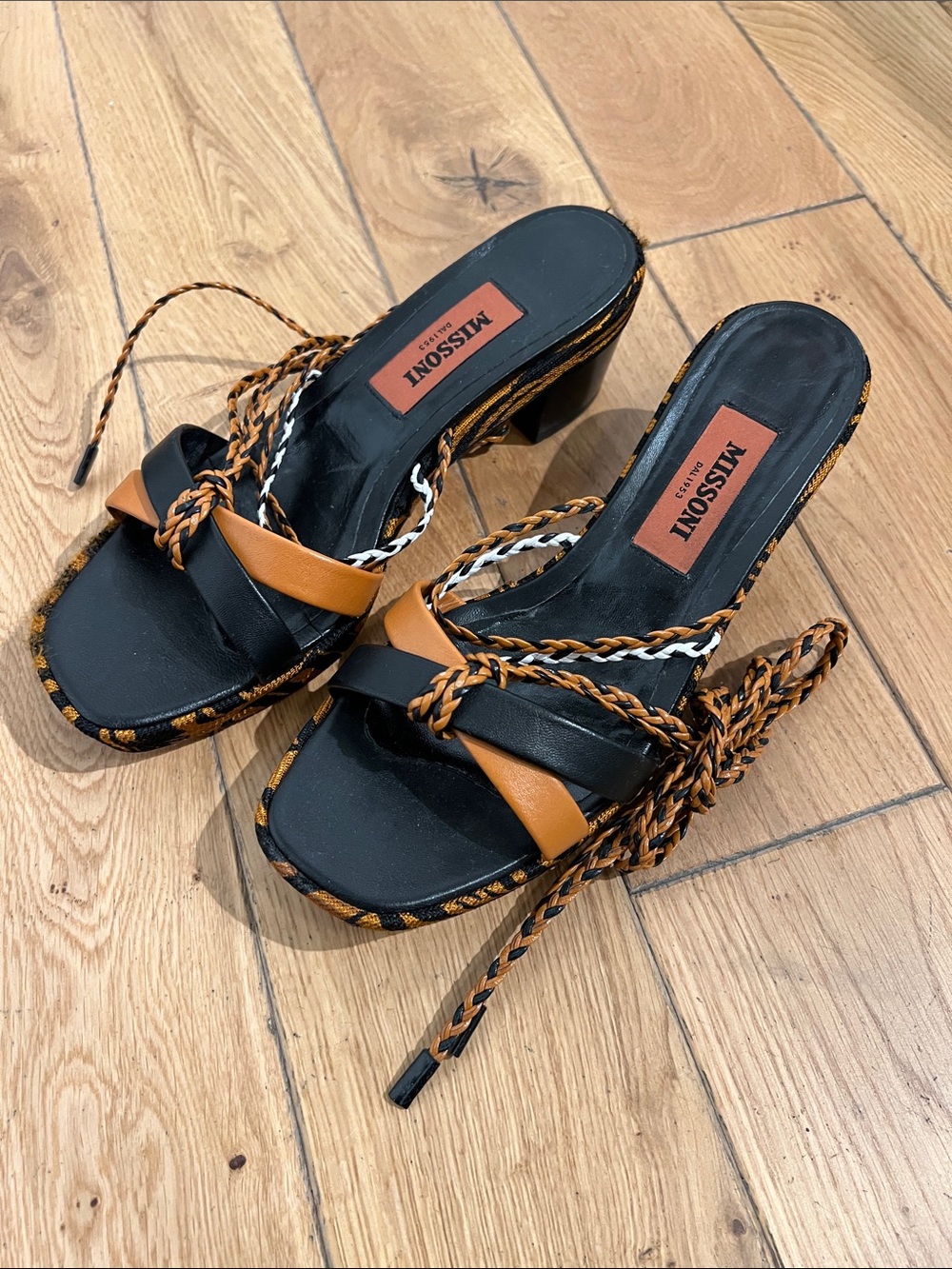 Missoni Black and Tan Braided Leather Slide Mules